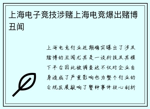 上海电子竞技涉赌上海电竞爆出赌博丑闻